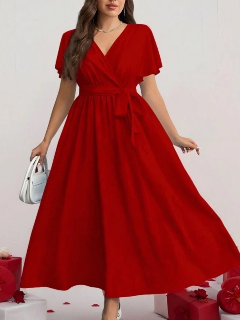 Elegant Red Wrap Maxi Dress with Tie Waist